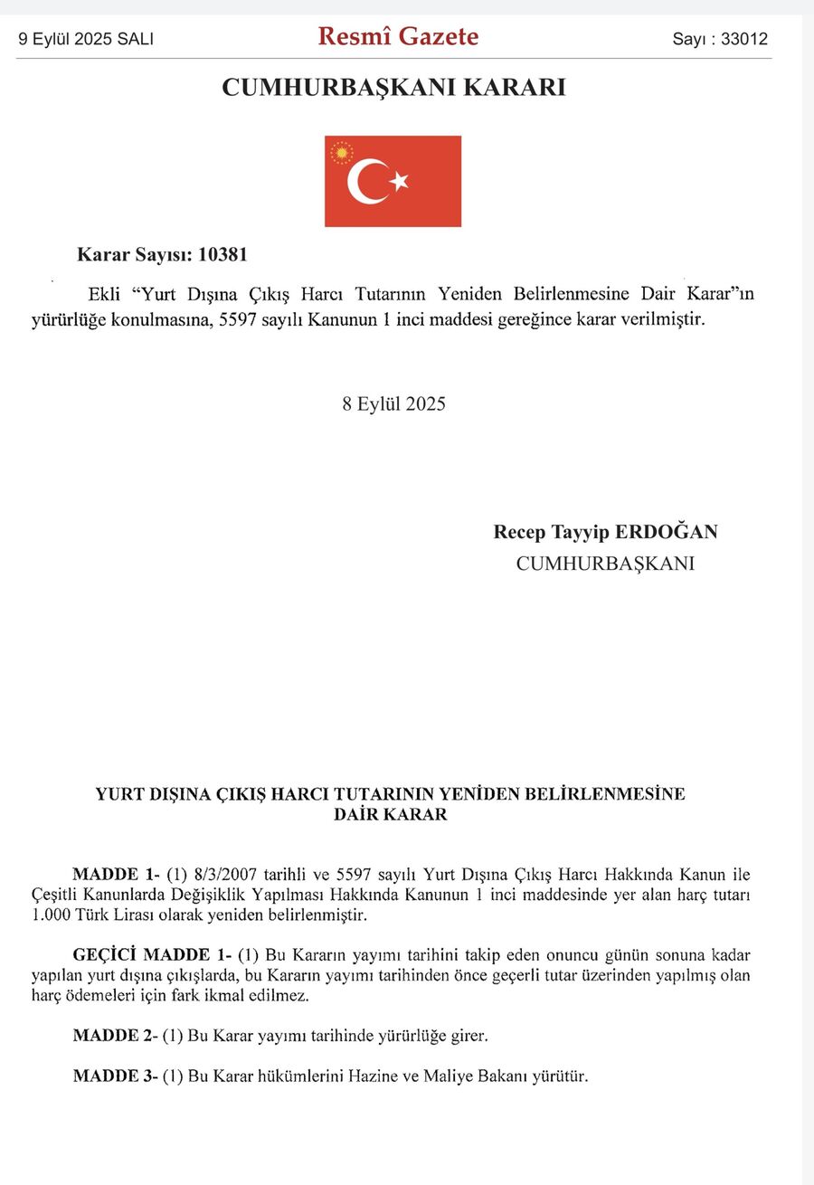 Yurt dışına çıkış harcı bin liraya yükseltildi